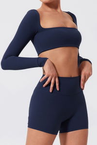 Women's Cropped Long Sleeve Top & Ruched Yoga Shorts Set