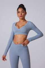 Women'S Brushed Skinny Deep V Backless Open Waist Short Sports Long Sleeves