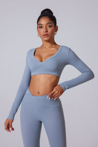 Women'S Brushed Skinny Deep V Backless Open Waist Short Sports Long Sleeves