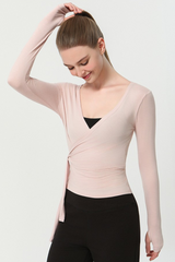 Sexy V-Neck Yoga Top with Drawstring Waist - Slim-Fit Long Sleeve Workout Shirt for Women, Breathable Fitness Tee