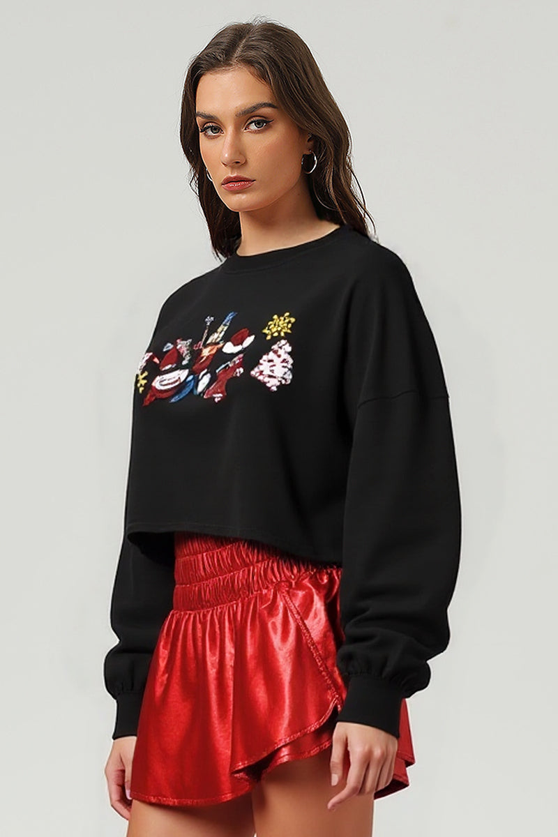 Women's Cropped Pattern Embroidered Pullover Sweatshirt
