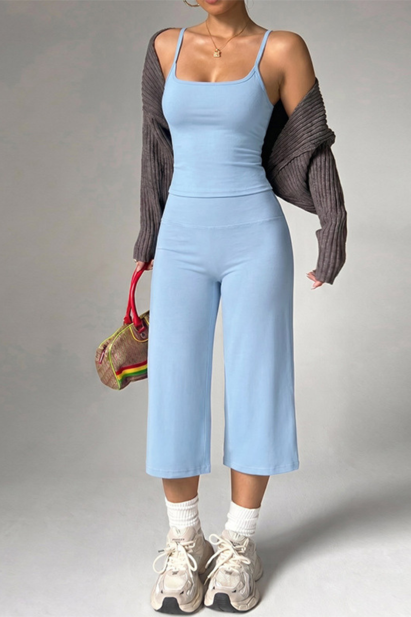 Women's Thin Strap Cami And Wide-Leg Capri Pants  Sports Set