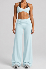 Women's Two-Piece Look Bra And Ruched Waist Wide-Leg Pants Yoga Set