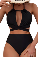 Women's Halter Back Bow High Waist Bikini Set - Solid