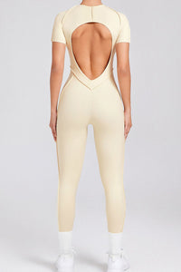 Women Stereoscopic Backless Skinny Short Sleeve Long Pants One Piece Sports Yoga Bodysuit