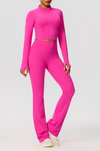 Women's Sports 3-Piece Set:Bra+Cropped Jacket+Flare Pants