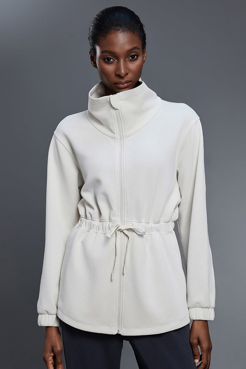 Women Stand-Collar Mid-Length Drawstring Waist Casual Commuting Jacket