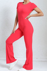Women Short Sleeve Big Backless One Piece Flare Tight Nude Outfit Fitness Sports Yoga Bodysuit