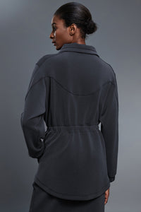 Women Stand-Collar Mid-Length Drawstring Waist Casual Commuting Jacket