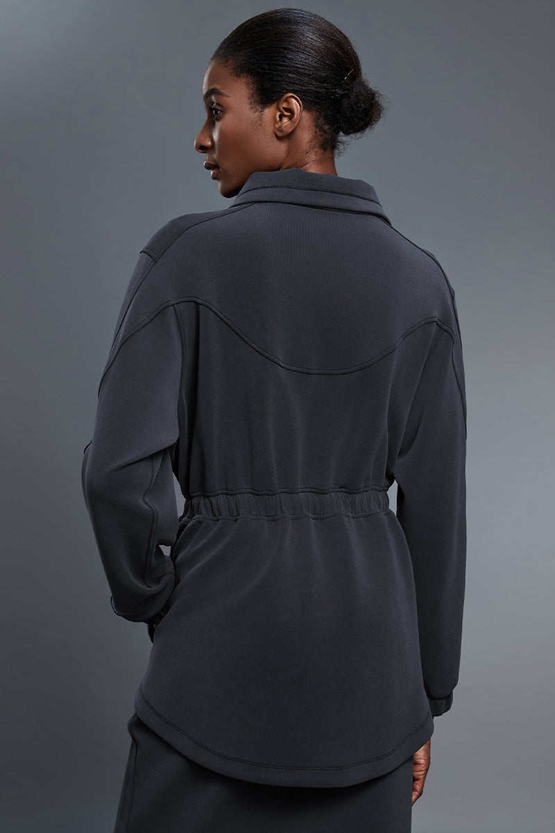 Women Stand-Collar Mid-Length Drawstring Waist Casual Commuting Jacket