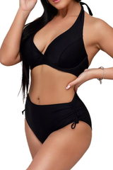 Women's Halter Deep V High Waist Side Tie Bikini Set - Solid