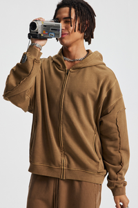 Rustic-style zipper-front pullover hoodie
