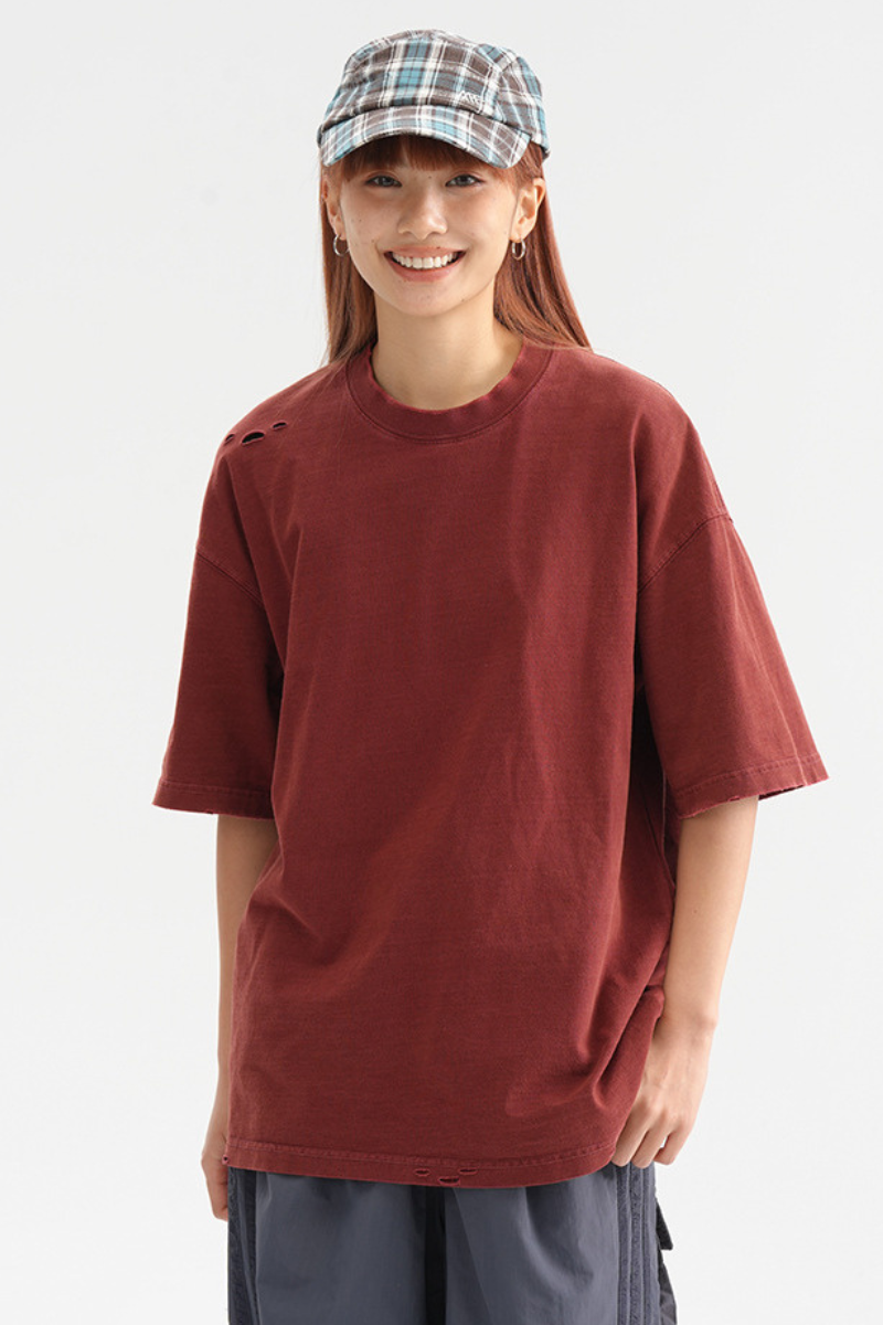 Unisex Cotton Washed RippedLoose Fit Round Neck T-shirt