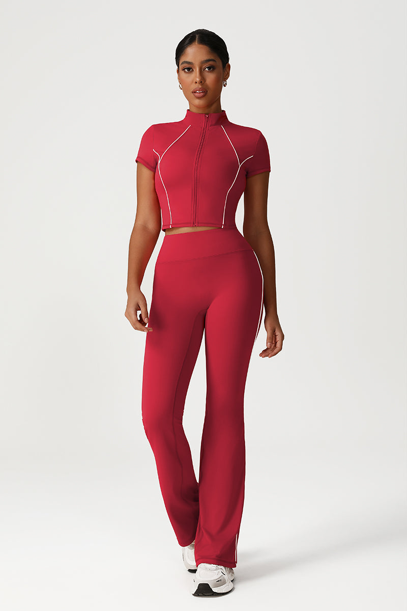 Women Seamless High Waisted Flared Yoga Set: Stand Collar Jacket + Flared Leggings