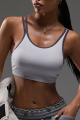Women's Contrast Trim Double Thin Strap U-Back Sports Bra