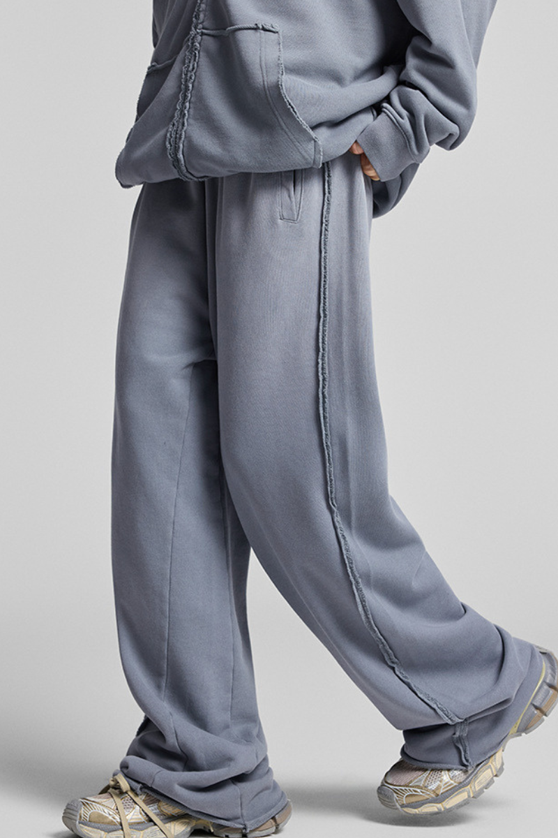 Water-washed, distressed, straight-leg casual pants