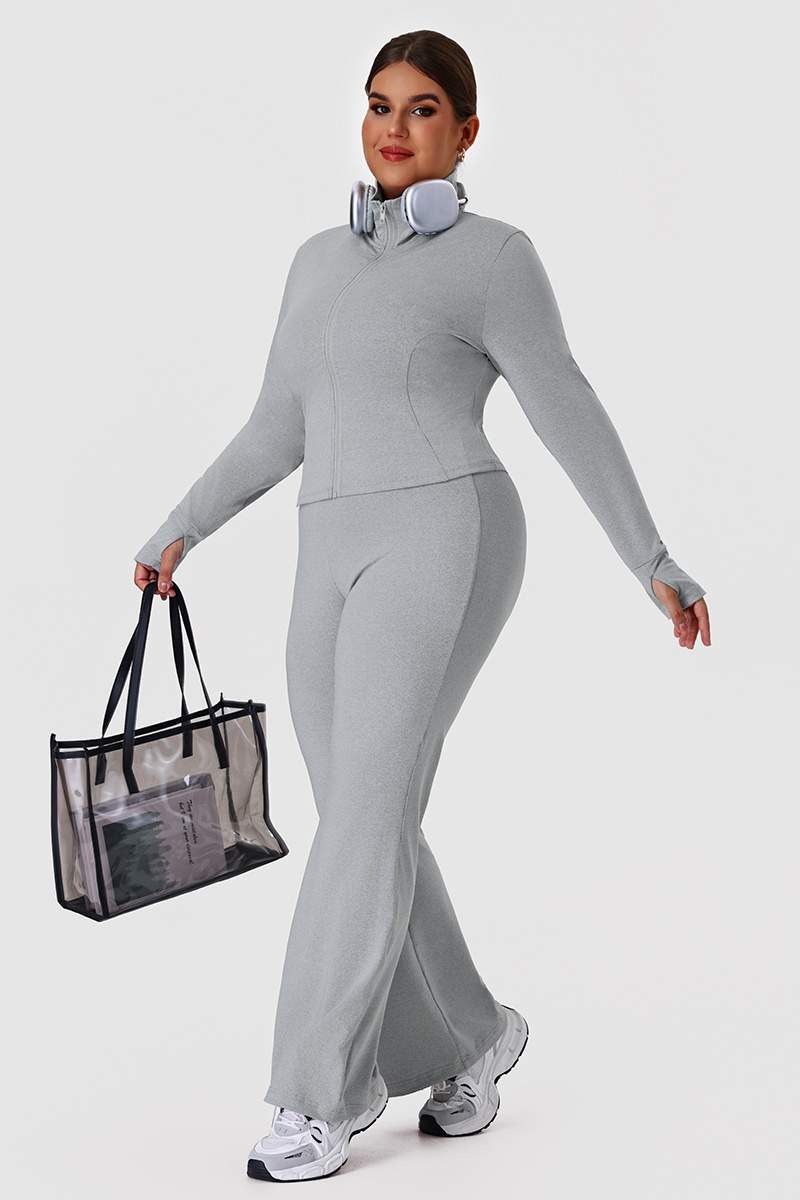 Plus Size Women's Two-Piece Set:Stand Collar Jacket Yoga Flare Pants