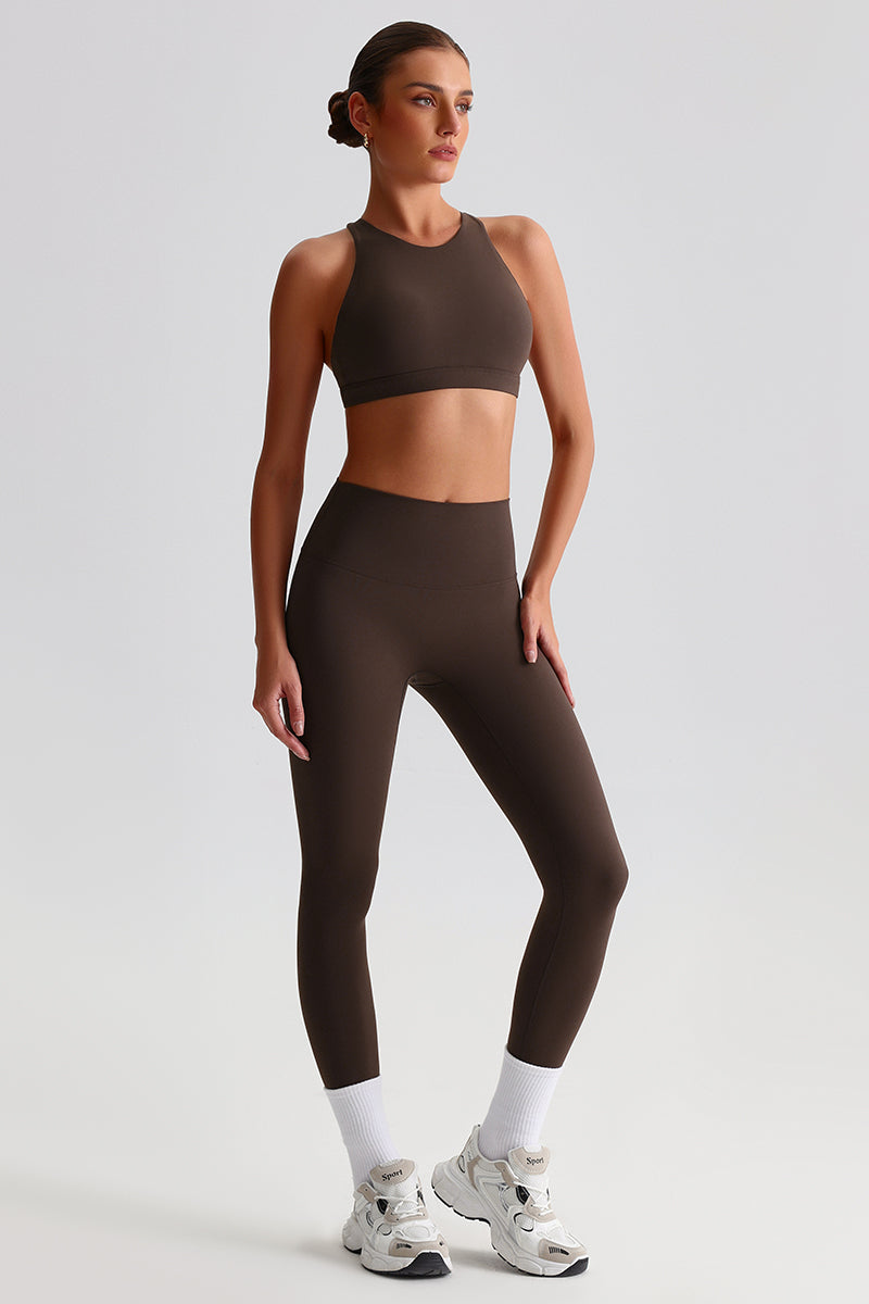 Women Brushed Cross-Back Slim-Fit Yoga Set: High-Waisted Butt-Lifting Outdoor Running Leggings + Round Neck Sports Bra
