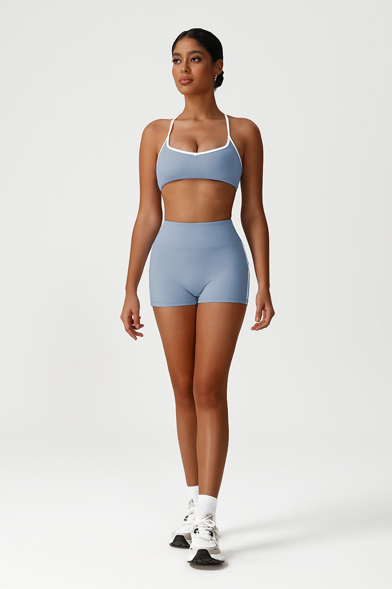 Women Seamless High Waisted Workout Set: Cross Back Sports Bra + Peach Lifting Shorts
