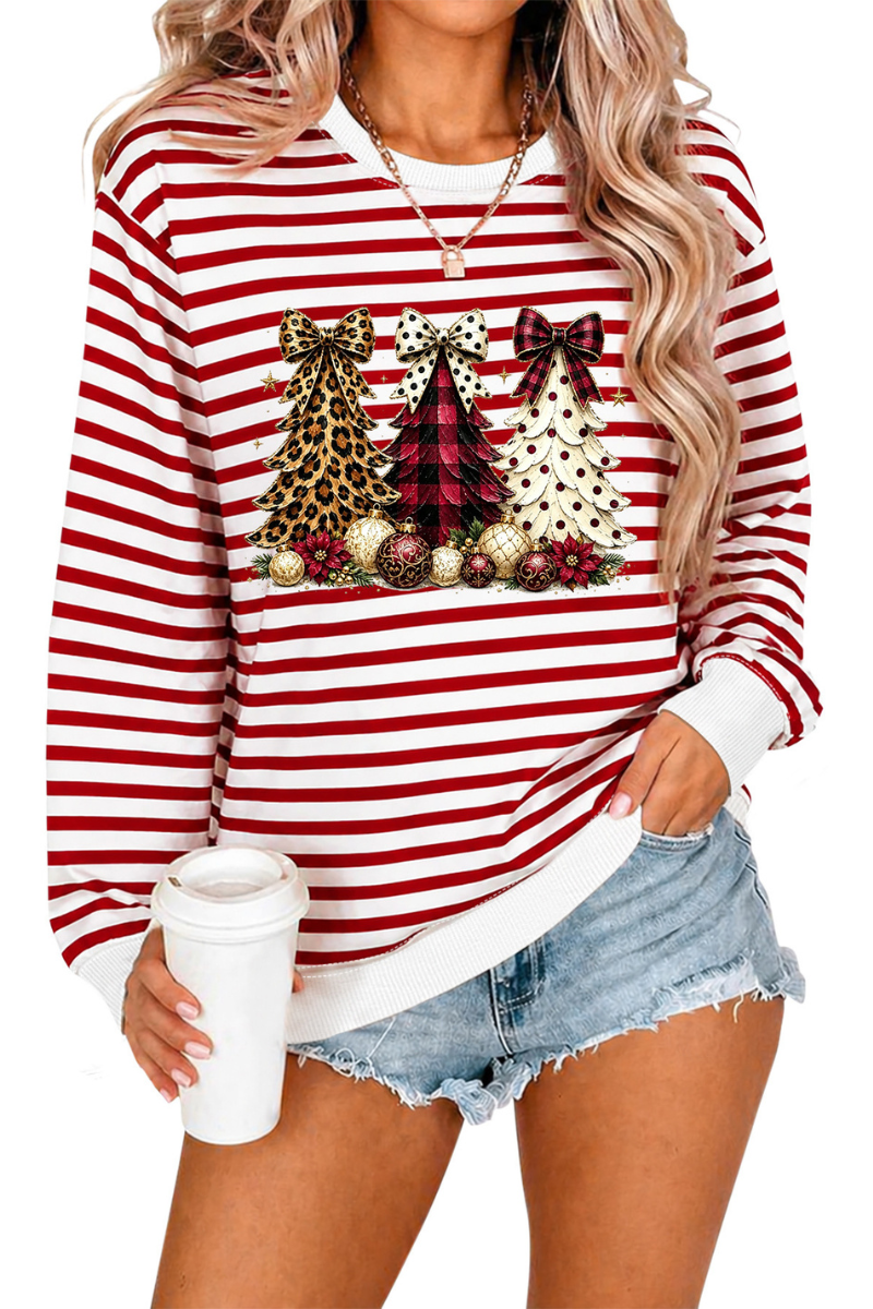 Women's Fall Striped Bow Christmas Tree Printed Pullover
