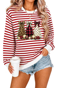 Women's Fall Striped Bow Christmas Tree Printed Pullover