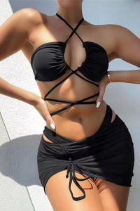 Women's Halter Ruched Triangle Drawstring Cover-up Set-3pcs