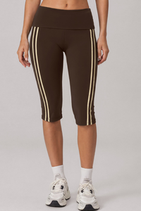 Women's Side Stripe Wide Waist Capri Sports Running Leggings