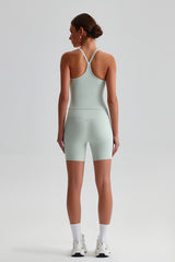 Women High-Waisted Peach Booty Yoga Set: Seamless Crotch Shorts + Y-Back Sports Bra