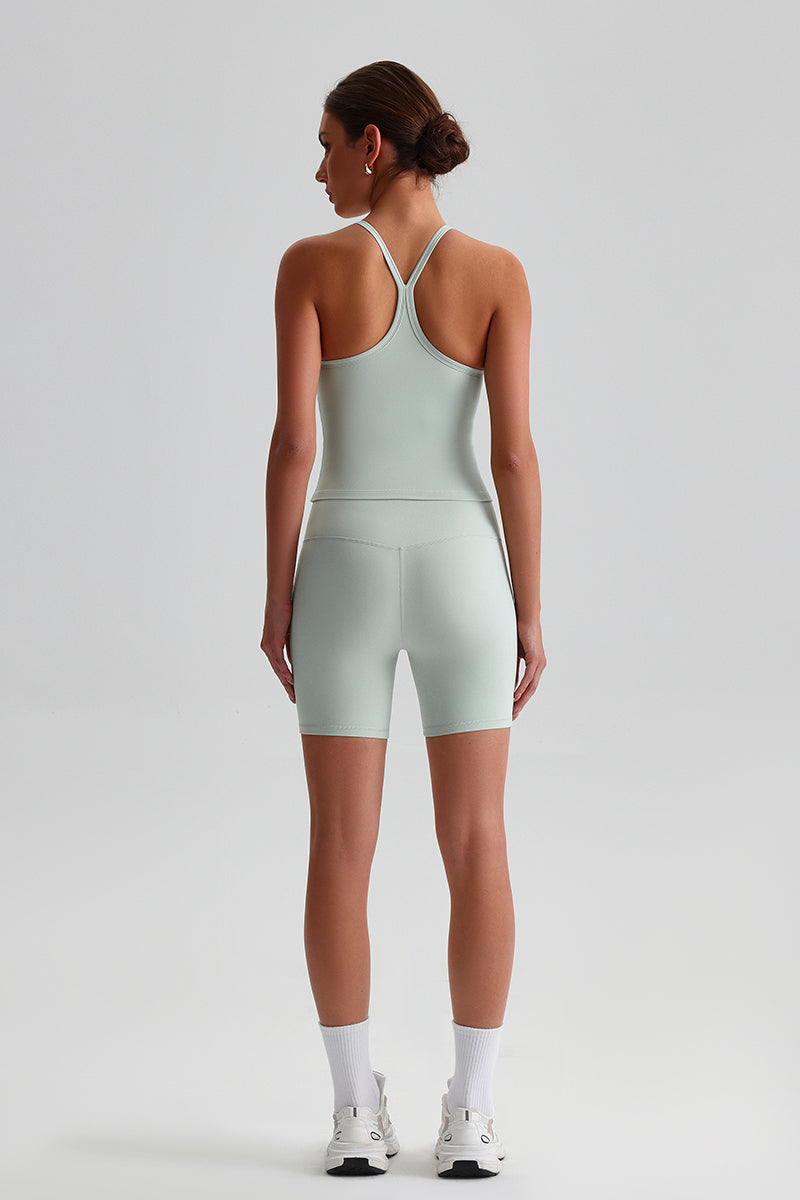 Women High-Waisted Peach Booty Yoga Set: Seamless Crotch Shorts + Y-Back Sports Bra