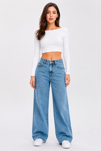 Women's High Waist Straight Jeans with Elastic Back Waist