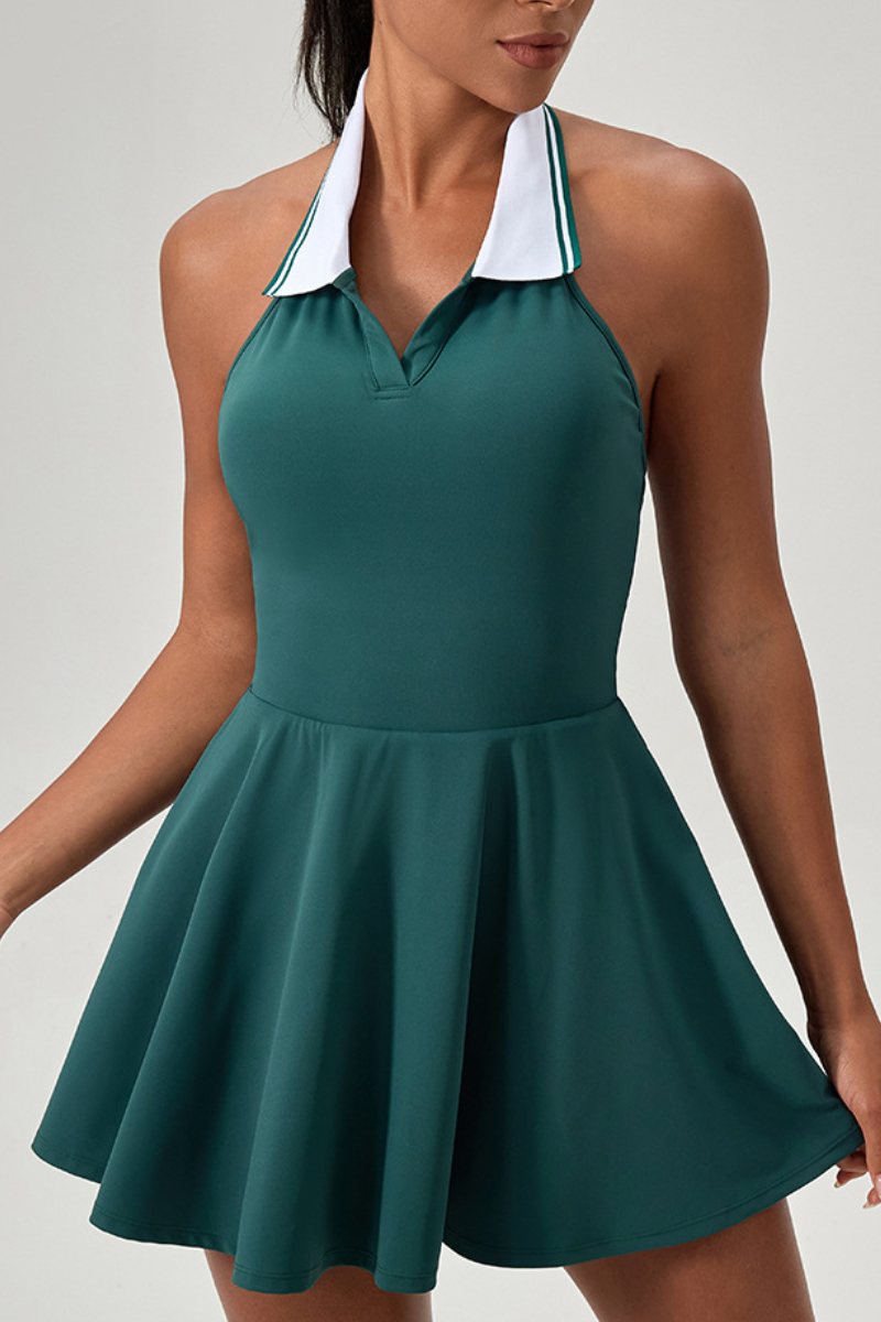 Women's Color-Block Polo-Collar Cut-Out Back Tennis Dress