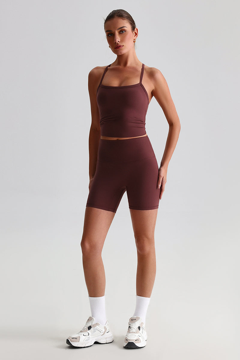 Women High-Waisted Peach Booty Yoga Set: Seamless Crotch Shorts + Y-Back Sports Bra