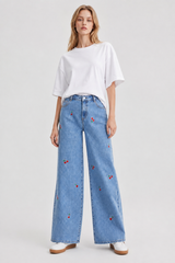Women's High Waist Cherry Embroidered Wide Leg Jeans