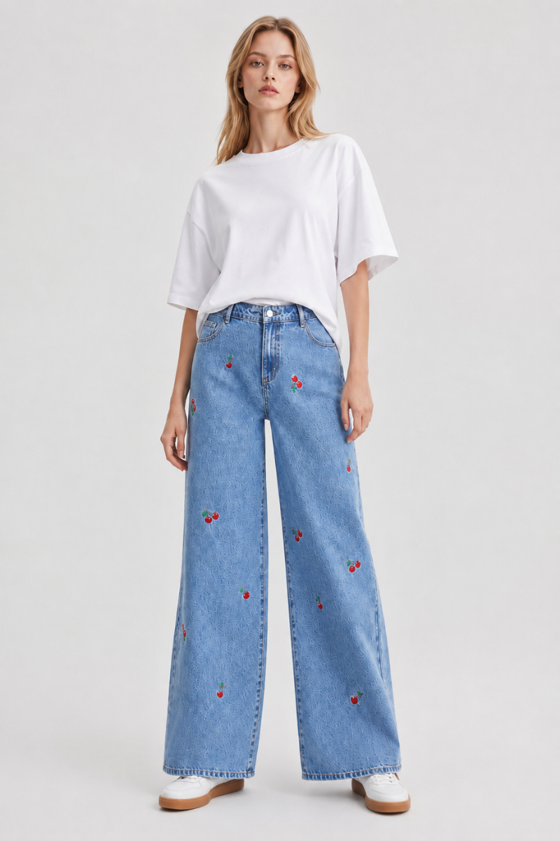 Women's High Waist Cherry Embroidered Wide Leg Jeans