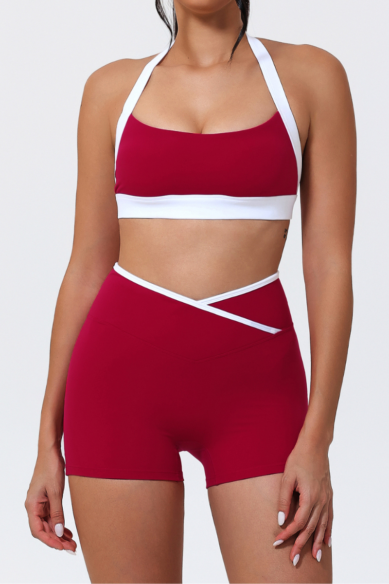 Women's Color-Block Halter Sports Bra & Cross-Waist Shorts Set
