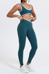 Women's Color-Block Sports Bra & Cross-Waist Sport Leggings Set