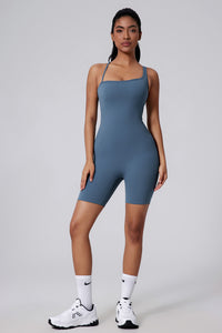 Women Asymmetric Back Cutout Ruching Butt-Lift Yoga Dance Built-In Shorts Bodysuit
