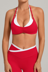 Women Summer Faux-Two-Piece Halter Color Block Sports Bra