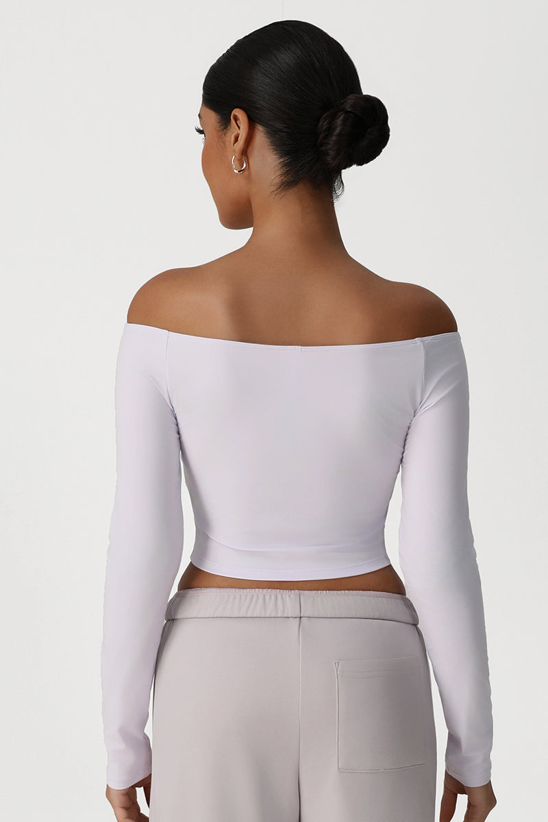 Women Off-Shoulder High-Stretch Yoga Fitness Long Sleeve Top