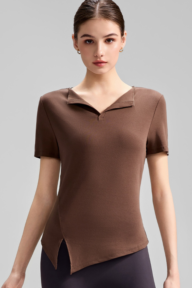 Women's Collared Naked Feel Asymmetric Slit Hem T-shirt