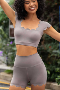 Women's Scalloped Cropped Top And High Rise Short 2Piece Set
