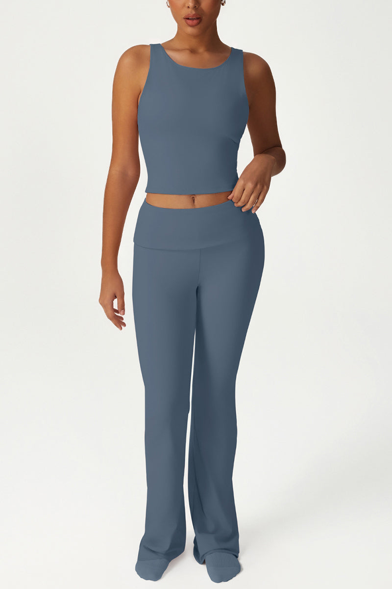 High-stretch tops folded high-waisted flared pants 2-piece set