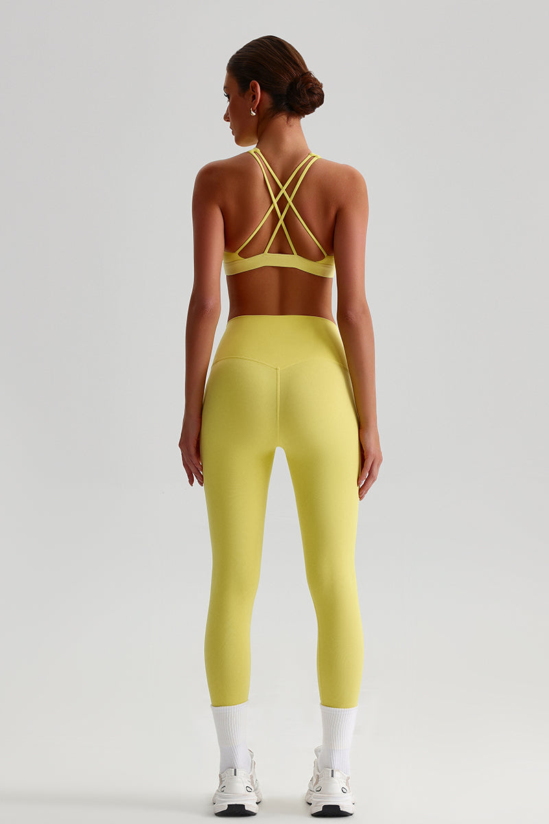 Women Brushed Cross-Back Slim-Fit Yoga Set: High-Waisted Butt-Lifting Outdoor Running Leggings + Round Neck Sports Bra