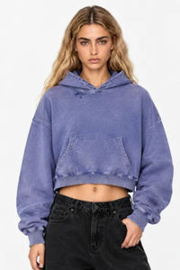 Women's Fall Cropped 100% Cotton Snow Washed Kangaroo Pocket Hoodie