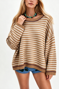 Women’s Winter Boho Striped Contrast Trim Knit Sweater