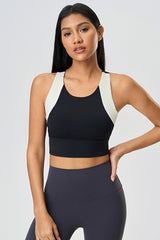 Women Color Block Short Built-In Bra Sculpting Cross Back Yoga Sports Bra