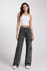 Women's High Waist Cargo Straight Jeans