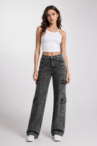 Women's High Waist Cargo Straight Jeans