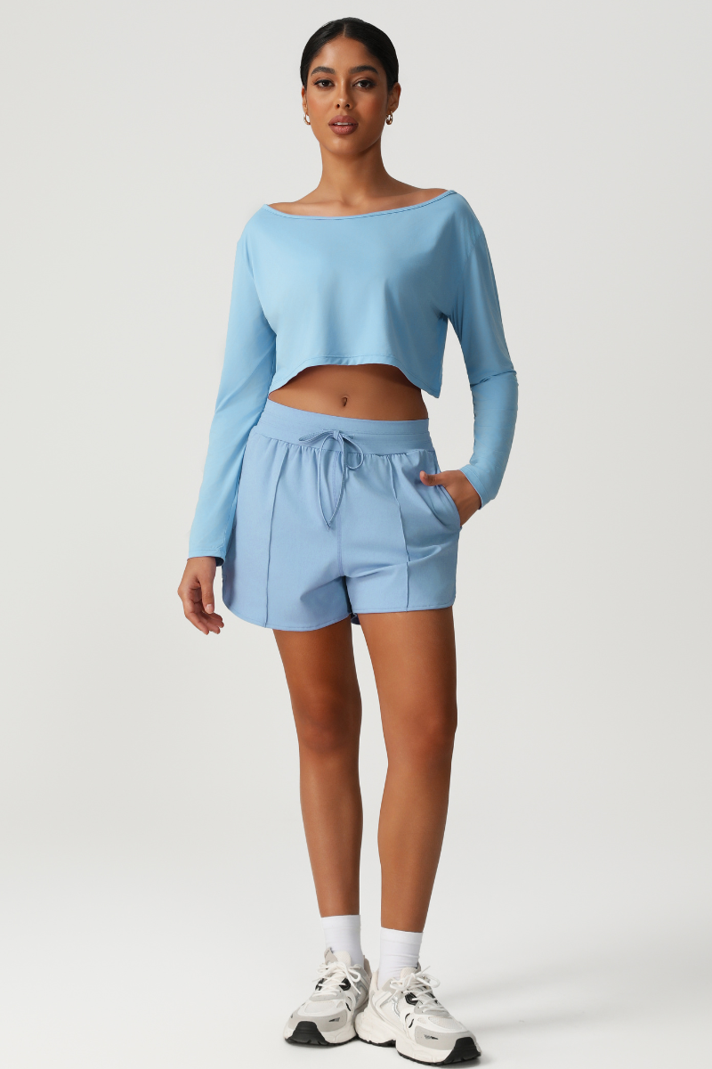 Women's Off Shoulder Long Sleeve Top & Shorts Athletic Set