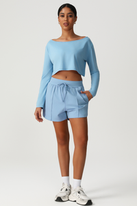 Women's Off Shoulder Long Sleeve Top & Shorts Athletic Set